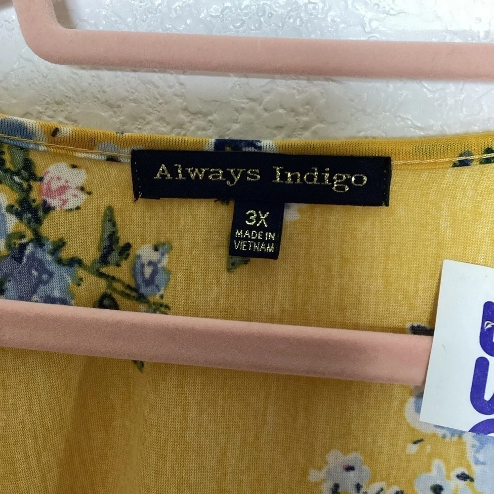 NEW ALWAYS INDIGO‎ PLUS SIZE 3X TOP YELLOW BLUE FLORAL BLOUSE NWT - Picture 5 of 8